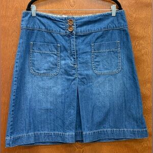 Boden Denim Knee Skirt high waist button waist patch pockets inverted pleat 16